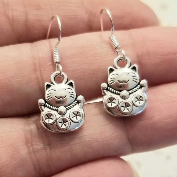 Handmade Jewelry Sterling Silver Lucky Cat Earrings Lucky Cat Jewelry Cats Dangle Earrings